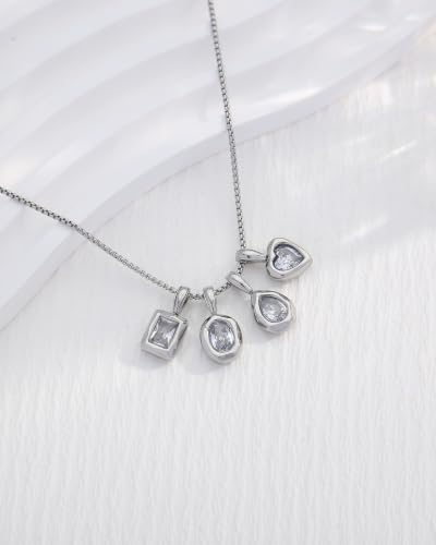 Interchangeable Removable CZ Charms Necklace, Gold Silver Stainless Steel Adjustable Box and Rice Bead Chain Minimalist Custom DIY Pendant Jewelry Gifts - color: Silver-A