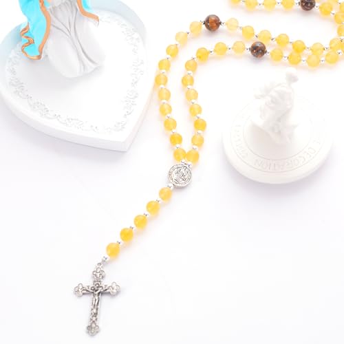 Rosary for Men Women, Natural Stone Beads with St. Benedict Bracelet | 8 mm Natural Stone Prayer Beads with 10 mm Accent Beads, St. Benedict Crucifix, Matching Bracelet, Gift Box and Pouch. - color: Yellow