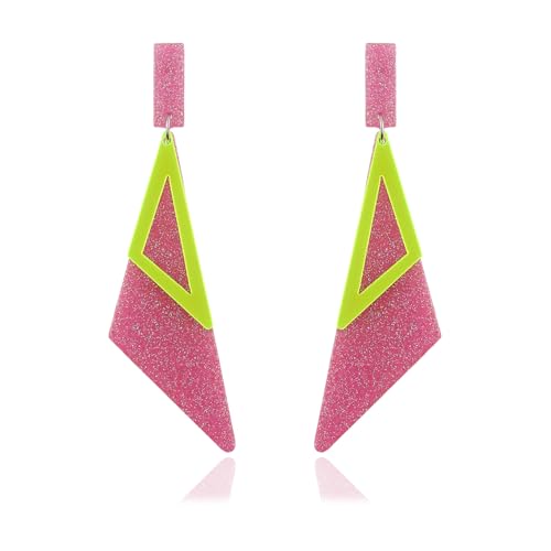 Retro 80s Neon Earrings for Women Acrylic Triangle Neon Dangle Earrings Colorful Geometric Drop Earrings Glow Party Halloween Neon Earrings - color: Pink