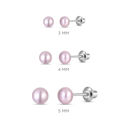 Pearl Screw Back Stud Earrings, 925 Sterling Silver Hypoallergenic - color: Pink, size: 3mm-Small