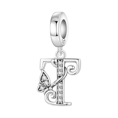 2 Pack 925 Sterling Silver Butterfly Letter Charms for Bracelets and Necklace Alphabet Initial Dangle Pendants Round Spacer Beads Pave Cubic Zirconia Jewelry Gift for Women - color: T Set