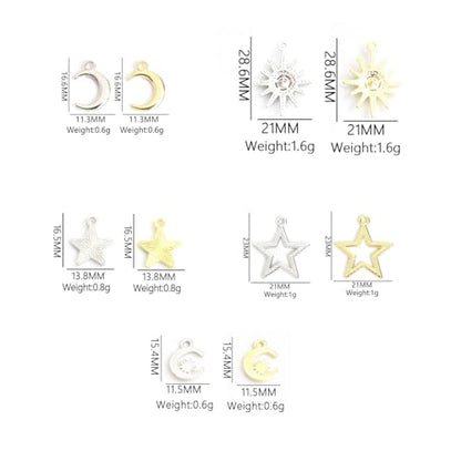 Celestial Charm Jewelry Set, 60pcs Sun Moon Star Pendants in Silver & Gold for DIY Necklace, Earrings, Bracelets – Perfect for Crafting & Jewelry Making