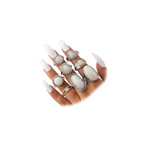 8Pcs Boho Vintage Turquoise Rings Set for Women, Unique Retro Oval Dome White Crystal Stone Knuckle Finger Ring Western Cowgirl Party Jewelry Gifts - color: Silver