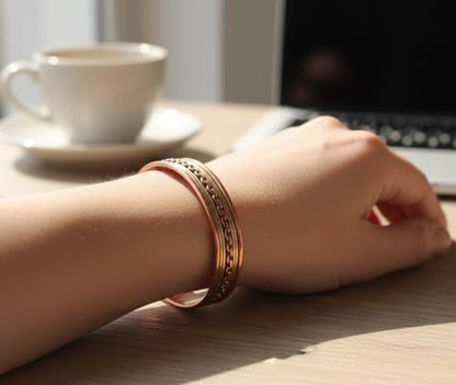 Touchstone Copper Magnetic Hand Forged With Solid And High Gauge Tibetan Style Chains Pattern Minimalistic Elegance Pure Copper Bracelet In Two Tones. - style: Braided Two tone 8