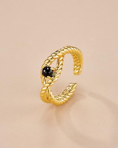 SNGIA 18K Gold Plated Adjustable Open Ring for Women Natural Stone CZ Statement Ring Tiger Eye Emerald Ruby Lapis Black Onyx Turquoise Evil Eye Boho Stackable Cocktail Ring Birthday Gift Jewelry - style: Onyx