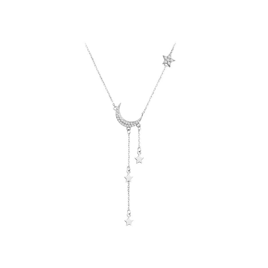 Silver Moon and Star Pendant Necklace for Women, Dainty Layered Y Chain Necklace, Elegant Celestial Jewelry Gift
