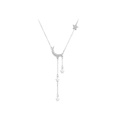 Silver Moon and Star Pendant Necklace for Women, Dainty Layered Y Chain Necklace, Elegant Celestial Jewelry Gift