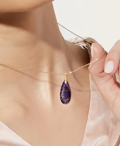 Stone Necklaces for Women Teardrop Gemstone Pendant Necklace Natural Stone Chain Necklaces - color: Purple Gold