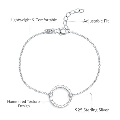LeCalla 925 Sterling Silver Hammered Link Bracelets for Women | Handmade Bohemian Textured Chain & Oval Link Bracelet | Women's Adjustable Paperclip, Circle & Oval Hammered Bracelets - color: Hammered Open Circle