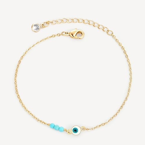 MEVECCO Dainty Chain Bracelets for Women, Layered and Charm Styles | 14K Gold Plated Brass, Select Cubic Zirconia Accents, Single and Multi-Row Structures for Refined Everyday Wristwear - style: Evil Eye Turquoise Bead