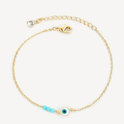 MEVECCO Dainty Chain Bracelets for Women, Layered and Charm Styles | 14K Gold Plated Brass, Select Cubic Zirconia Accents, Single and Multi-Row Structures for Refined Everyday Wristwear - style: Evil Eye Turquoise Bead