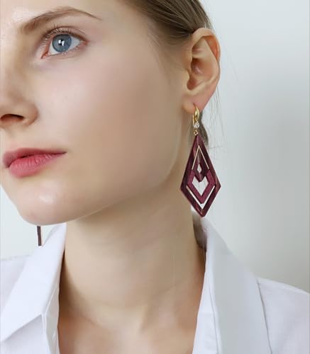 Ozel - Natural Wooden Acrylic Boho Drop Dangle Earrings for Women - Geometric Statement Jewellery - Brown, Black, Magent Red, Olive Green, White beige - color: Diamond_Magenta