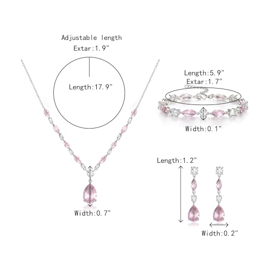 Teardrop Marquise Cubic Zirconia Wedding Prom Jewelry Set for Women Bridal | Silver/Gold/Rose Gold Plated, Pear Cut Pendant Necklace Drop Earrings Link Bracelet, for Bride Bridesmaid, for Banquet Party - style: B_Three Set, Pink Silver-Tone (Teardrop)