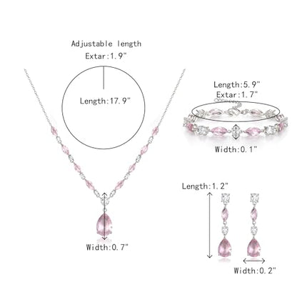 Teardrop Marquise Cubic Zirconia Wedding Prom Jewelry Set for Women Bridal | Silver/Gold/Rose Gold Plated, Pear Cut Pendant Necklace Drop Earrings Link Bracelet, for Bride Bridesmaid, for Banquet Party - style: B_Three Set, Pink Silver-Tone (Teardrop)