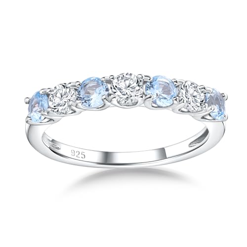Birthstone Wedding Band Eternity Rings 925 Sterling Silver Rings Stackable Anniversary Engagement Rings Cubic Zirconia Inlaid Created Garnet/Amethyst/Sapphire Ring 7 Stone Ring, Size 6 to 10 - color: Aquamarine & 5A CZ