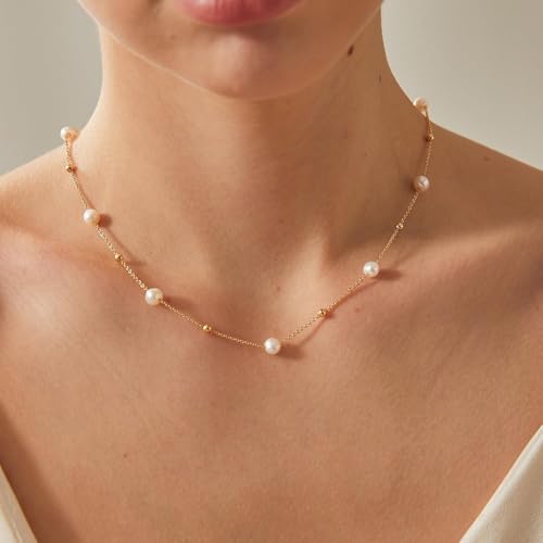 Pearl Necklace for Women, Dainty Pearls Choker Necklace for Women 14K Gold Plated Layered Pendant Necklace Handmade Gold Chain Necklace Everyday Jewelry Gift - color: Bead Pearl-Gold