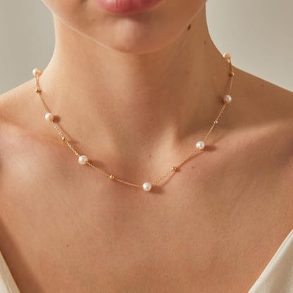 Pearl Necklace for Women, Dainty Pearls Choker Necklace for Women 14K Gold Plated Layered Pendant Necklace Handmade Gold Chain Necklace Everyday Jewelry Gift - color: Bead Pearl-Gold