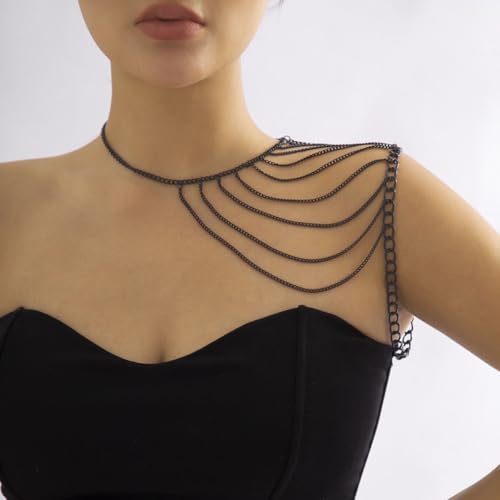 Bethynas Gothic Black Shoulder Chain Necklace Punk Layered Tassel Body Chain Sexy Bra Bikini Cape Wrap Accessories for Women