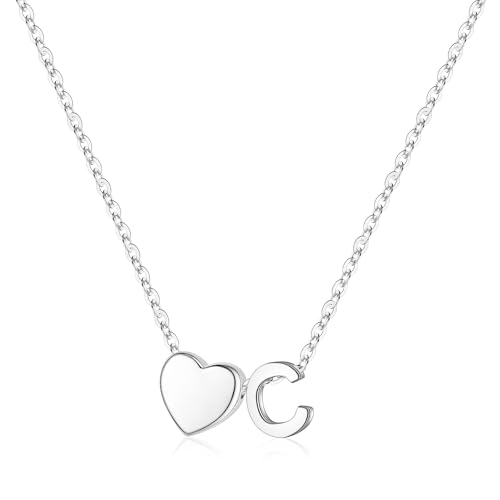Turandoss Heart Initial Necklace for Women Teen Girls - 18K Gold Plated Letter A-Z Pendant Necklace Dainty Heart Necklaces Tiny Initial Necklaces Birthday Gifts for Women Jewelry - color: Silver, style: C