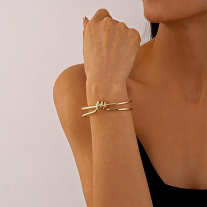 Chunky Cuff Bracelets for Women Wide Gold/Silver Cuffs Bangle Hollow Out Adjustable Bracelets Punk Vintage Jewelry - style: T-Gold C