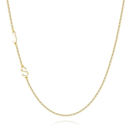 M MOOHAM Sideways Two Initial Necklaces for Women Girls Birthday Gifts | Dainty 14K Gold-Plated, Custom Initial Necklace, Letter Necklace Jewelry, Birthday Gifts for Women Wife Mom Sister Friends - color: initial J & initial S