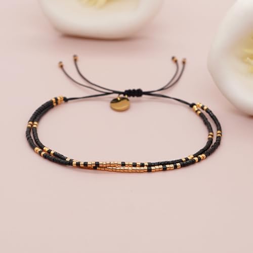 Adjustable Miyuki Beaded Bracelet for Women, Double Row Miyuki Beads | Miyuki beads, adjustable fit, braided construction, double-row design, party styling, bracelet jewelry for casual styling - color: black