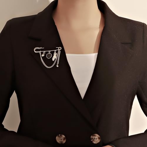 2 Pcs Chain Tassel Brooch Pins Set for Women Rhinestone Heart Flower Star Long Chain Bling Crystal Pearl Sweater Shawl Clips Punk Collar Chain Brooch Costume Jewelry - style: Style C