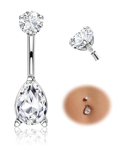 Tungary G23 Titanium Belly Button Rings for Women 14G Internally Threaded | Hypoallergenic Long Navel Piercing Jewelry, 3/8" Implant Grade Dangle Belly Button Piercing, 5A CZ, with Vacuum PVD Finish - color: Teardrop: Titanium Silver
