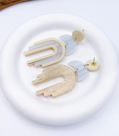 Ozel - Natural Wooden Acrylic Boho Drop Dangle Earrings for Women - Geometric Statement Jewellery - Brown, Black, Magent Red, Olive Green, White beige - color: Arch_White beige