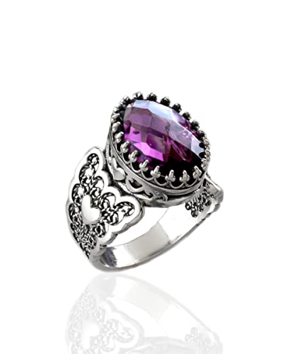 Filigranist 925 Sterling Silver Handcrafted Filigre Art Double Heart Detailed Women Cocktail Ring with Gemstones - color: Amethyst
