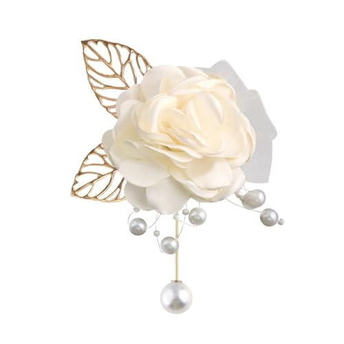 Handmade Elegant Red Rose Flower Brooch Pin for Women Crystal Pearl Fabric Flower Lapel Pin Dress Suit Accessories - color: White B