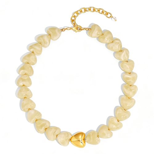 Chunky Beaded Necklace for Women Trendy Multicolor Resin Beads Choker Necklaces Boho Summer Statement Necklace Chunky Heart Jewelry - color: Heart necklace-cream white