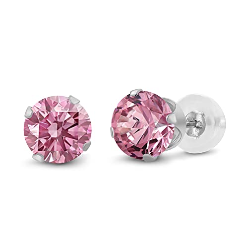 Gem Stone King 14K Gold Gemstone Birthstone Stud Earrings For Women Men | 4MM Round Cut | Solitaire Gold Studs with Secure Backs | Fine Jewelry for Her Him Mom Dad Wife - color: Pink Lab Grown Diamond-April