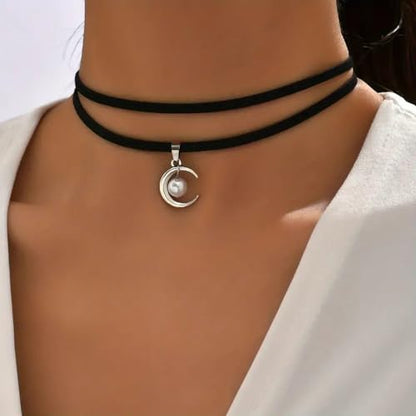 Fesciory Black Necklaces for Women, Adjustable Layered Velvet Leather Lace Collar Necklace, Goth Jewelry Gifts. - color: Pearl Moon
