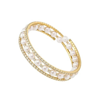 Pearl Stretch Cuff Bracelet for Women Adjustable Multilaye Rhinestone Crystal Bracelet Wedding Party Brides Bridesmaid Jewelry - color: Gold Style