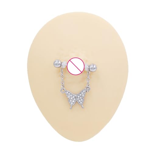 14G Bow Knot Dangle Nipple Rings for Women Silver Chain CZ Crystal Butterfly Nipple Shield Barbell Nipplerings Piercing Sexy Body Piercing Jewelry - color: Butterfly