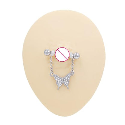 14G Bow Knot Dangle Nipple Rings for Women Silver Chain CZ Crystal Butterfly Nipple Shield Barbell Nipplerings Piercing Sexy Body Piercing Jewelry - color: Butterfly