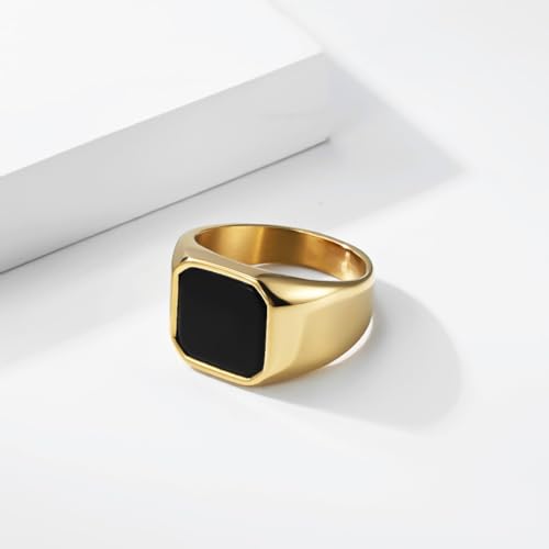 Kemstone Square Signet Ring for Men,Stainless Steel Lapis Lazuli Black Stone Flat Top Geometric Face Silver Gold - color: Gold (Black stone), size: 13#