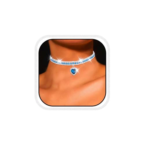 CLOACE Rhinestone Choker Necklace Heart Pendant Diamond Row Necklaces Sparkly Crystal Prom Chain Jewerly Accessories for Women - color: Blue