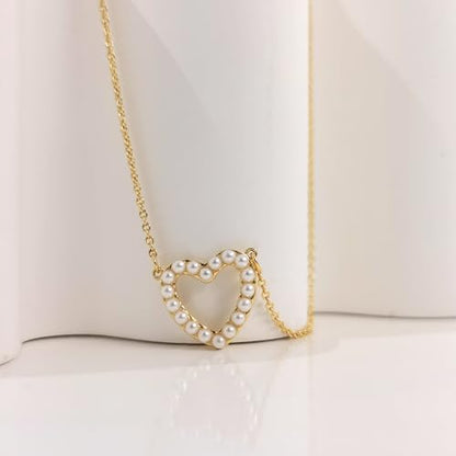 Zeffy Pearl Necklace 4MM/6MM/8MM Dainty Round Imitation Pearl Choker Necklace Wedding Pearl Necklace Delicate Jewelry for Women Simple Bridesmaid Jewelry Gifts - style: Gold Heart Pearl Necklace