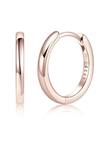 925 Sterling Silver Huggie Hoop Earrings, Small Silver Hoop Earrings for Women Hypoallergenic Huggie Lightweight Small Hoops Earring Cartilage Sleeper Earrings 6/8/10/12/14/16/18/20mm - color: Rose Gold, size: 14MM
