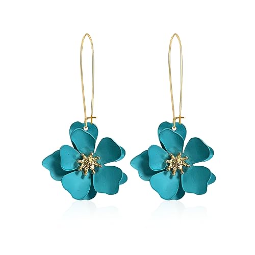 Bohemian Daisy Flower Matte Floral Long Petal Drop Dangle Earrings Layered Tiered for Women Chic Boho Wedding Jewelry - color: Light blue