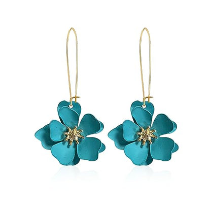 Bohemian Daisy Flower Matte Floral Long Petal Drop Dangle Earrings Layered Tiered for Women Chic Boho Wedding Jewelry - color: Light blue