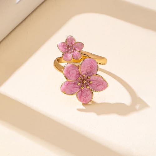 NewZenro Elegant Flower Enamel Adjustable Open Ring for Women Gold-Tone Plated Chic Cherry Blossoms Floral Statement Finger Wrap Band Rings Comfort Fit Wedding Party Prom Fashion Jewelry - color: Pink