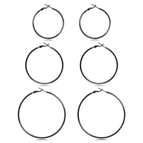 DAILY VIBES Simple Big Thin Hoop Earrings for Women Trendy, 3 Pairs | 925 Sterling Silver Post Large Hoops, 14K Gold or Silver Plated Loop, Hypoallergenic Hoop Earrings Set - color: Black, size: 50-60-70mm