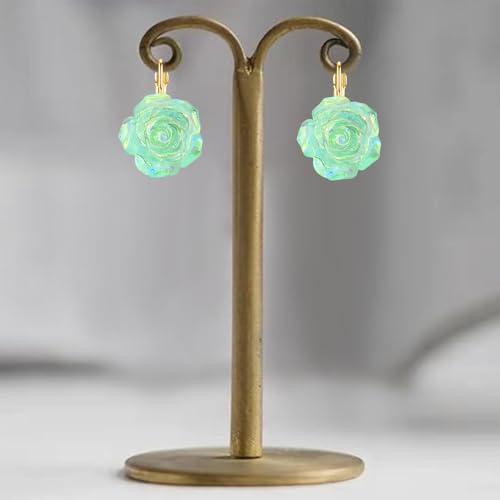 Handmade Bohemian Aesthetic Dainty Acrylic Flower Petal Leverback Earrings Sparkly 14K Gold Floral Dangle Drop Earrings for Women - color: Green