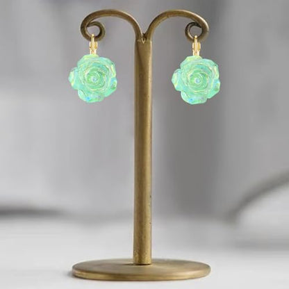Handmade Bohemian Aesthetic Dainty Acrylic Flower Petal Leverback Earrings Sparkly 14K Gold Floral Dangle Drop Earrings for Women - color: Green