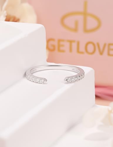 Moissanite Open Ring Adjustable Stackable Engagement Anniversary Jewelry | Half Eternity Wedding Band, White Gold Plated Dainty, 925 Sterling Silver Rings for Women - color: Silver