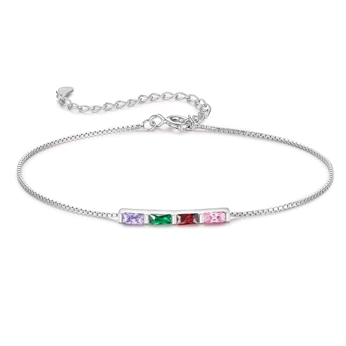Sterling Silver Personalized 1-6 Birthstone Bracelet for Women Mothers Day Bracelet for Mom Daughter Custom Dainty Jewelry for Christmas Birthday Gift Ideas - style: Silver-4 stones