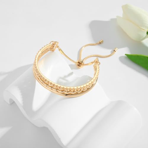 14K Gold Bracelets for Women Adjustable Slider Bracelet Bangle Bracelets for Women Trendy Chain Bracelet - color: Three-layer